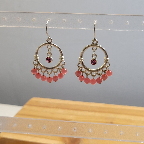 Silver Tone Pink Cats Eye Beaded Chandelier Earrings w/ Hot Pink Rhinestones - Picture 4 of 7